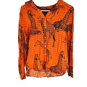 Jane + Delancey Orange Giraffe Print Rayon Button Down Blouse Large